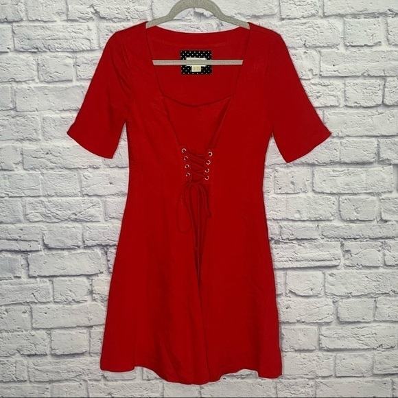 Anthropologie Maeve Red Corset Front Ribbed Textured A-Line Dress - Picture 9 of 15